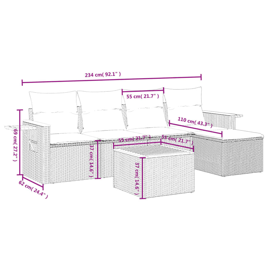 6-Delige Loungeset Met Kussens Poly Rattan Grijs