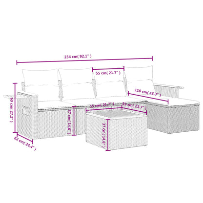 6-delige Loungeset met kussens poly rattan grijs