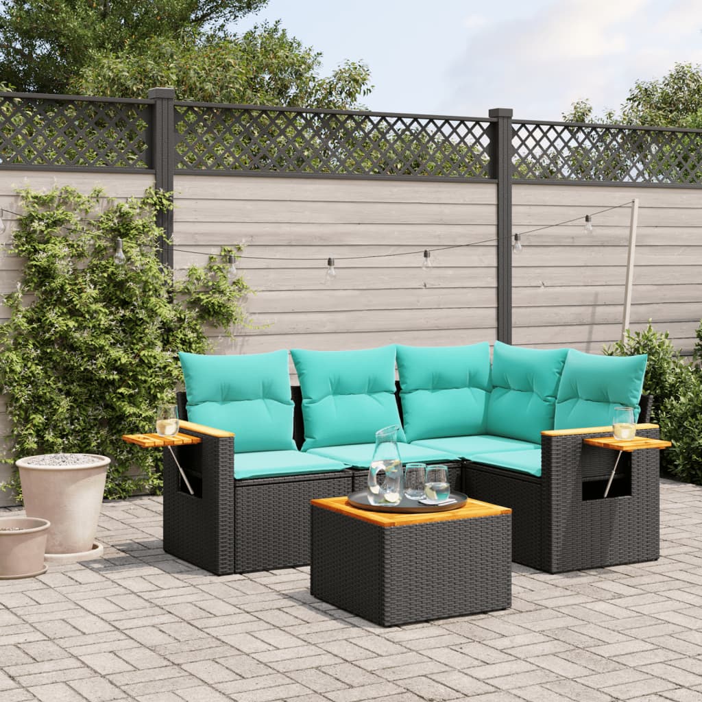 5-Delige Loungeset Met Kussens Poly Rattan 1 Zwart