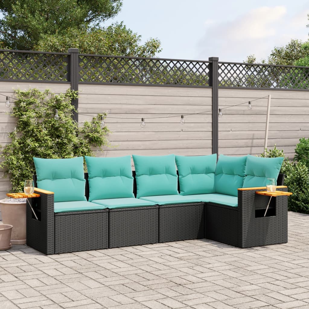 5-Delige Loungeset Met Kussens Poly Rattan 1 Zwart