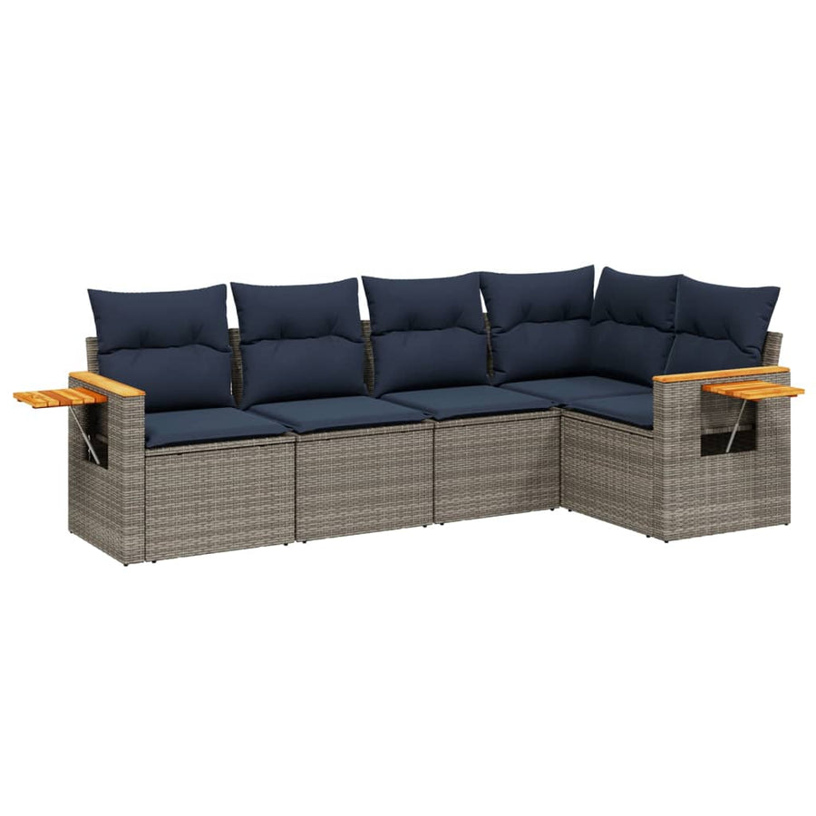 5-delige Loungeset met kussens poly rattan grijs