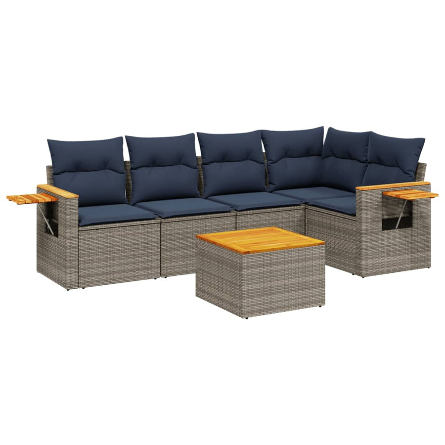 6-delige Loungeset met kussens poly rattan grijs