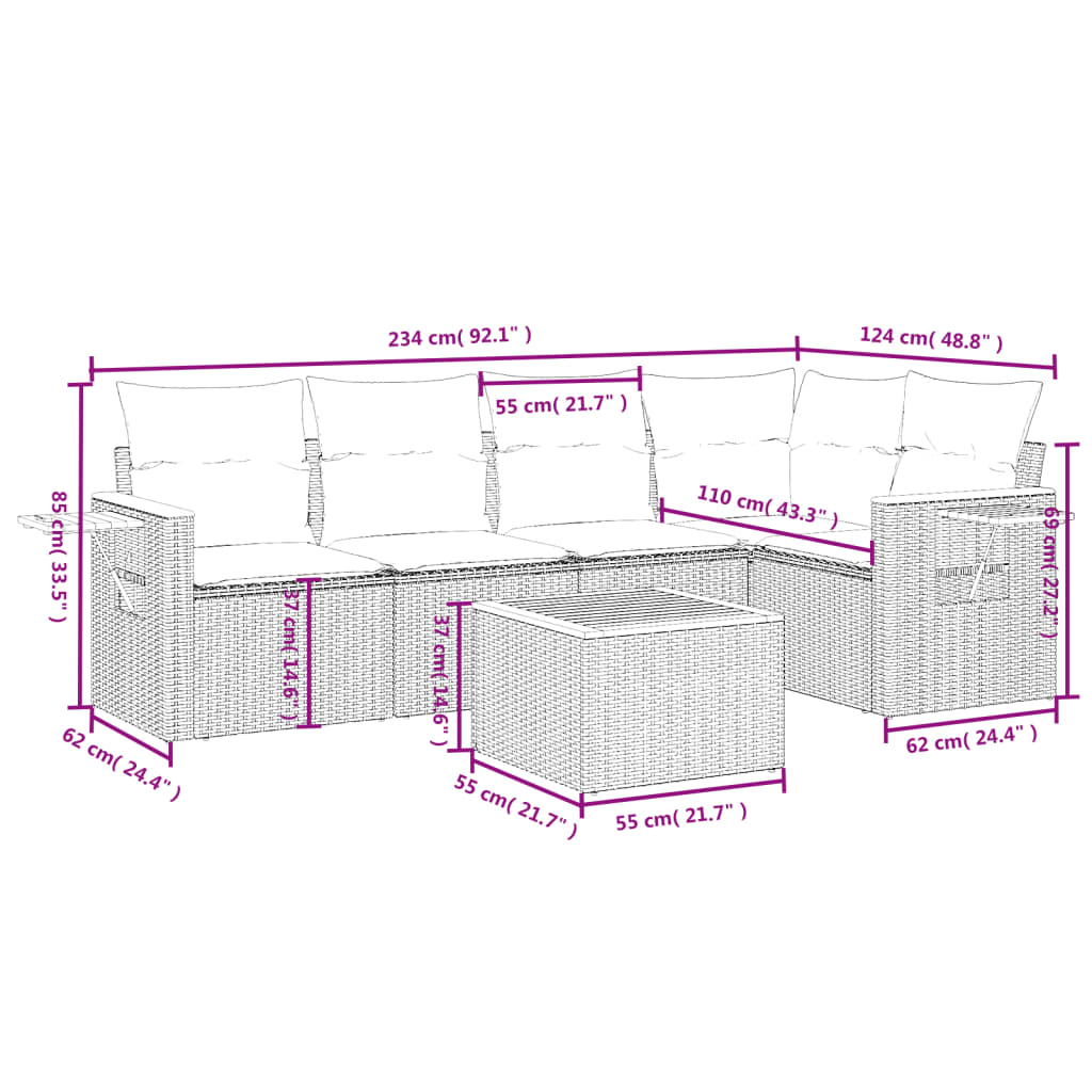 6-delige Loungeset met kussens poly rattan grijs