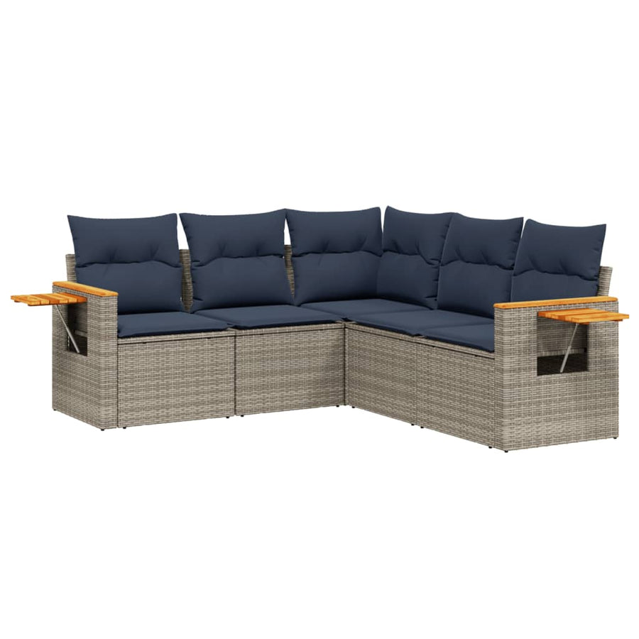 5-delige Loungeset met kussens poly rattan grijs