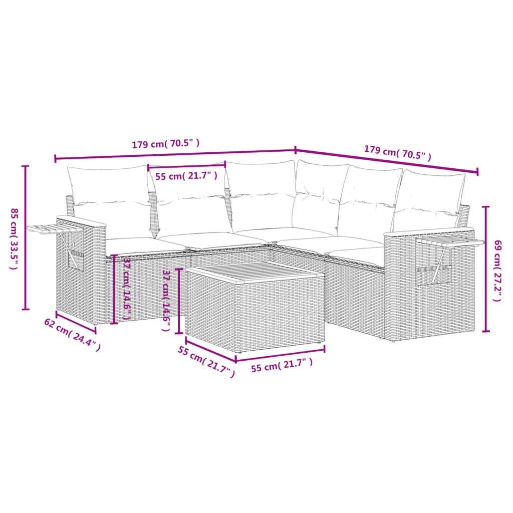 6-Delige Loungeset Met Kussens Poly Rattan Beige