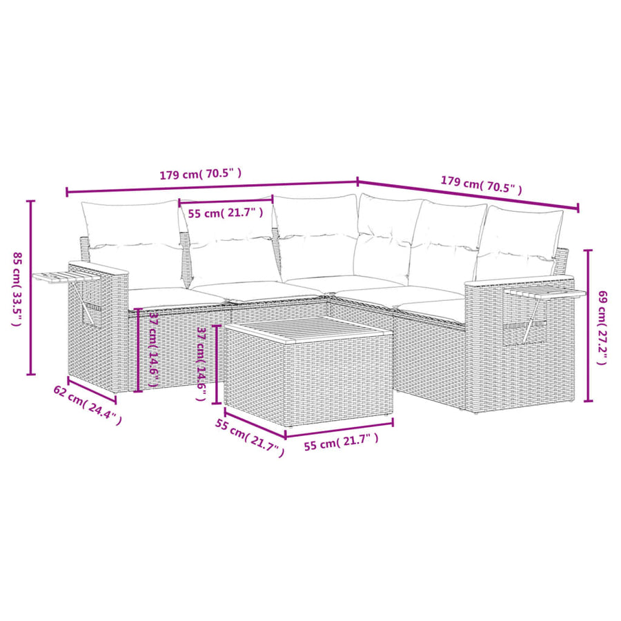 6-Delige Loungeset Met Kussens Poly Rattan Beige