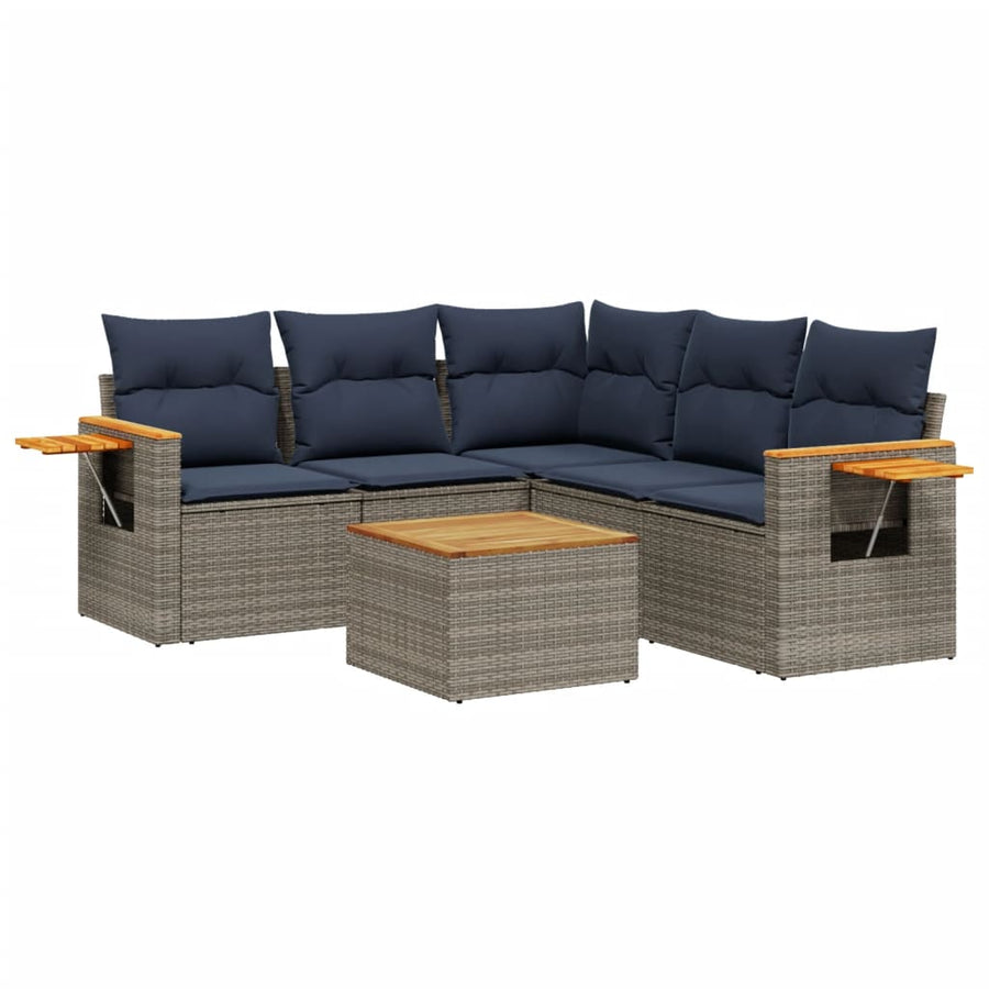 6-delige Loungeset met kussens poly rattan grijs