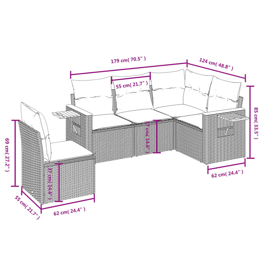 5-Delige Loungeset Met Kussens Poly Rattan 1 Zwart