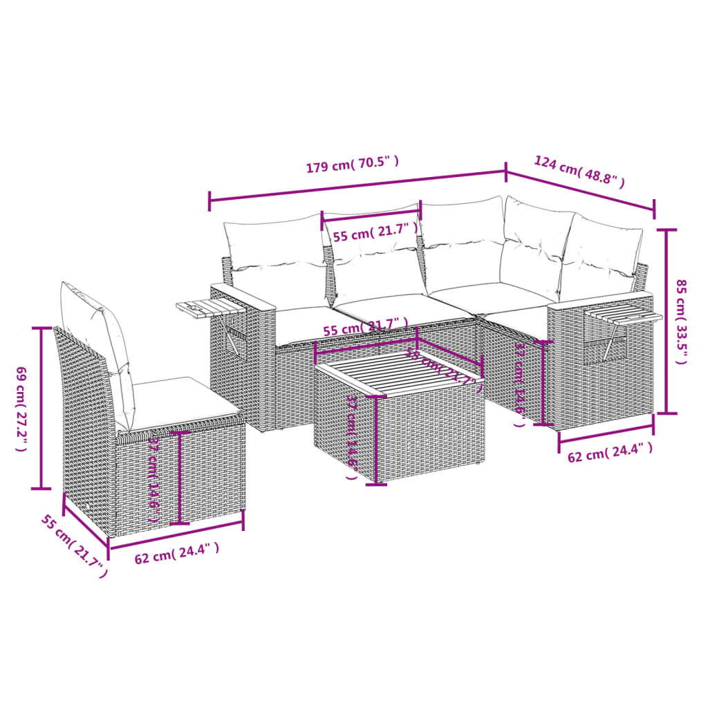 6-delige Loungeset met kussens poly rattan beige