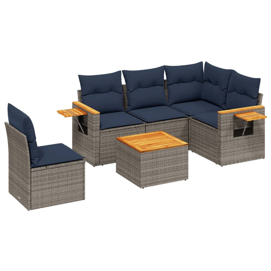 6-delige Loungeset met kussens poly rattan grijs