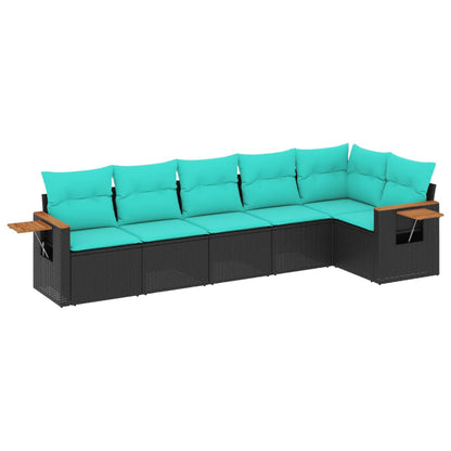 6-delige Loungeset met kussens poly rattan zwart