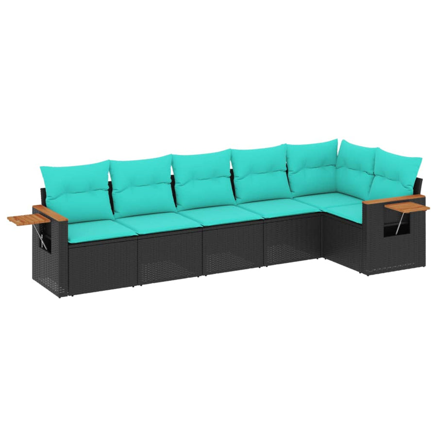 6-delige Loungeset met kussens poly rattan zwart
