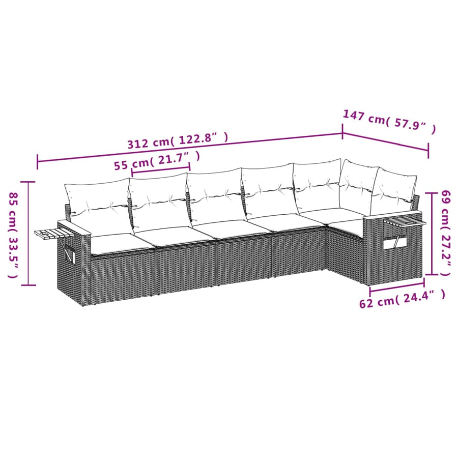 6-delige Loungeset met kussens poly rattan grijs