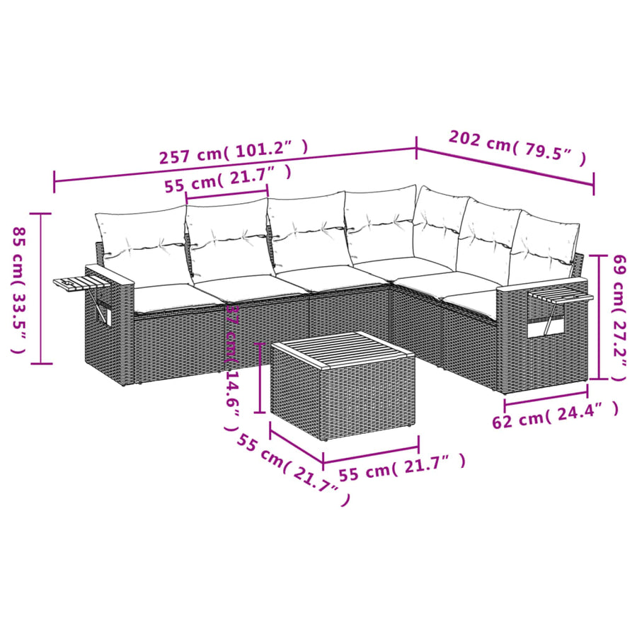 7-Delige Loungeset Met Kussens Poly Rattan Grijs
