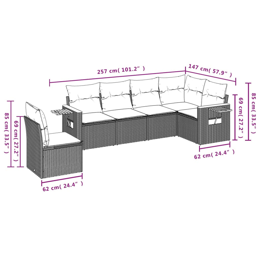 6-delige Loungeset met kussens poly rattan grijs