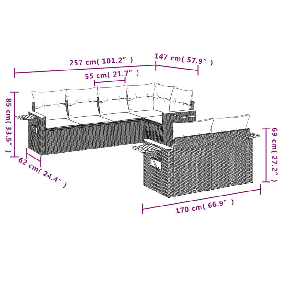 7-Delige Loungeset Met Kussens Poly Rattan Beige