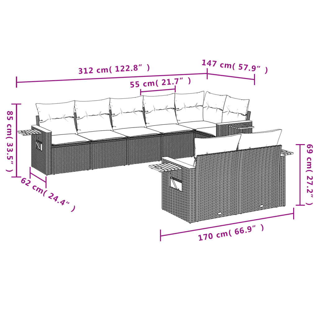 8-Delige Loungeset Met Kussens Poly Rattan 1 Zwart