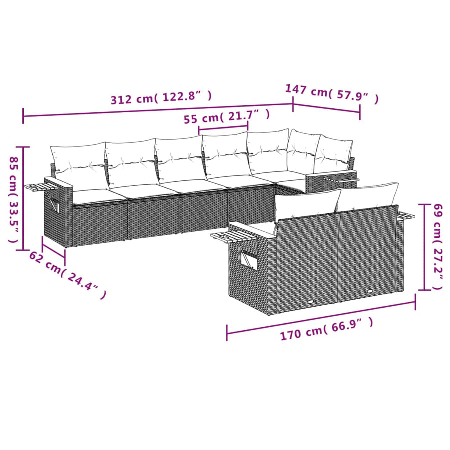 8-Delige Loungeset Met Kussens Poly Rattan Grijs