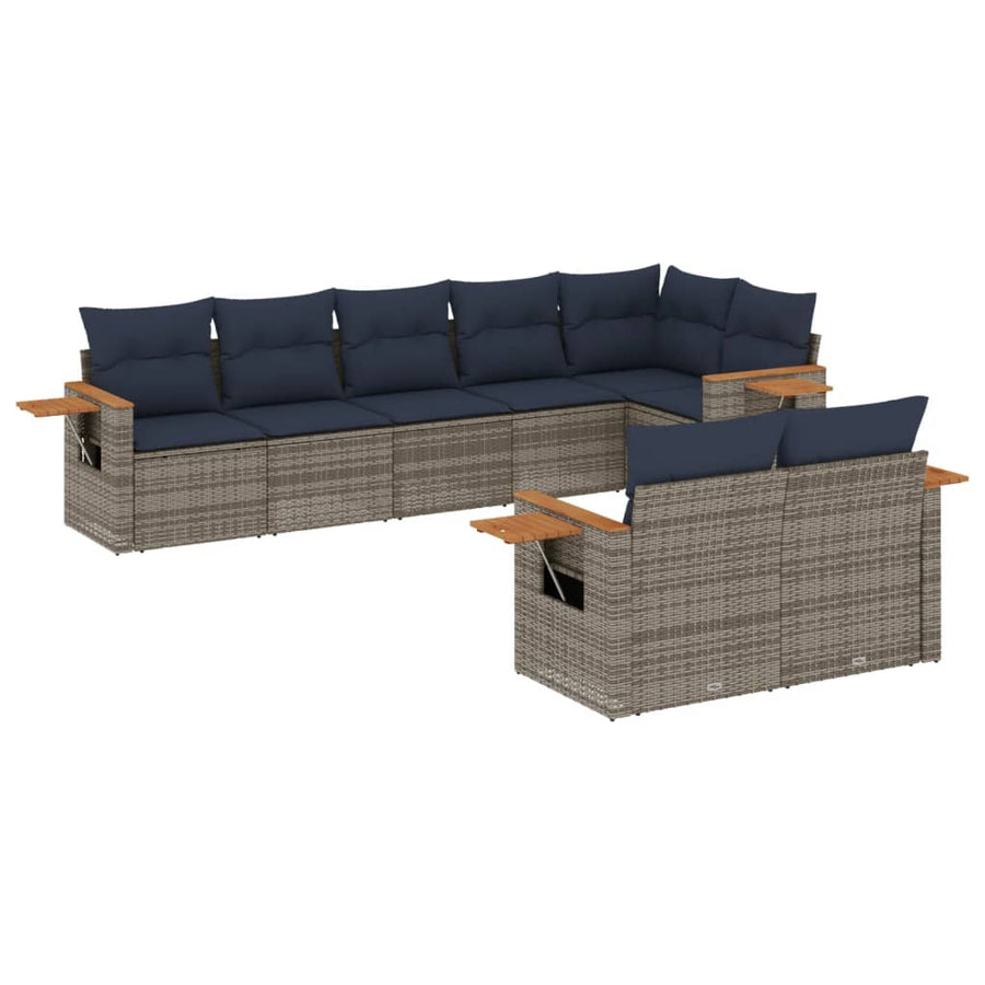 8-delige Loungeset met kussens poly rattan grijs