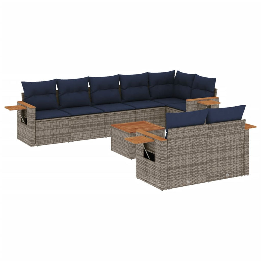 9-delige Loungeset met kussens poly rattan grijs