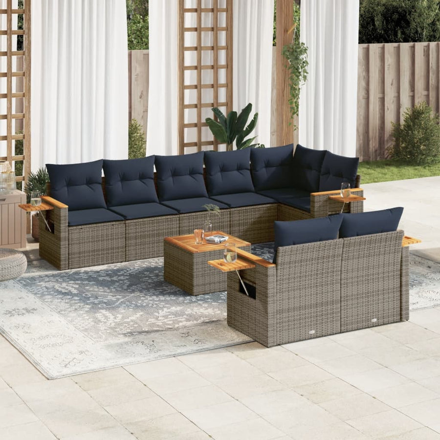 9-delige Loungeset met kussens poly rattan grijs