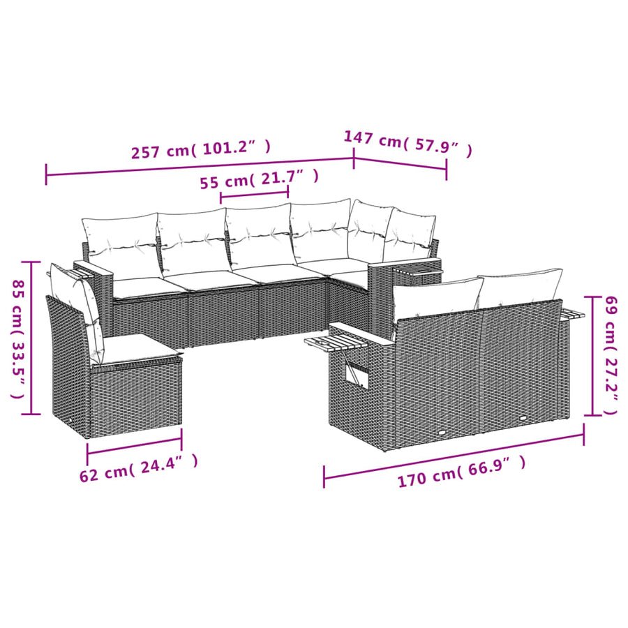 8-Delige Loungeset Met Kussens Poly Rattan Grijs