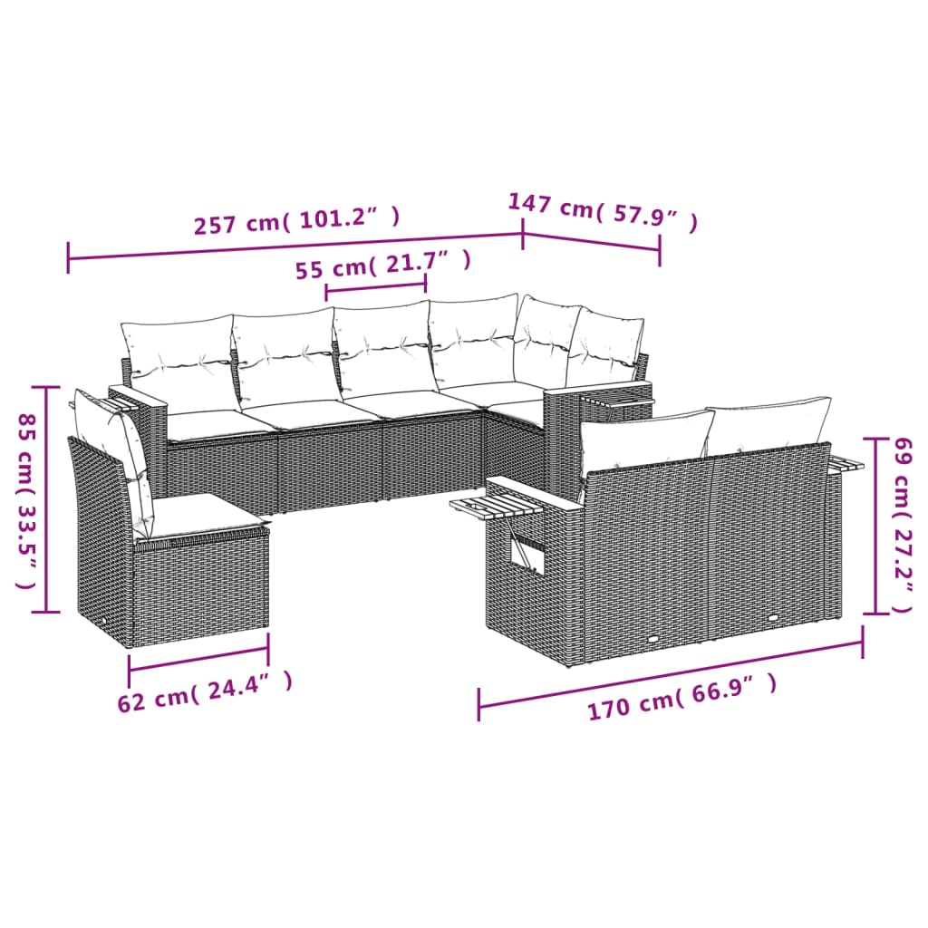 8-delige Loungeset met kussens poly rattan grijs