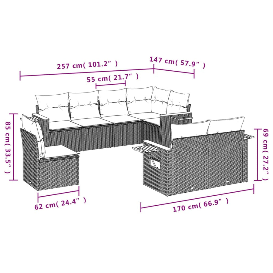 8-delige Loungeset met kussens poly rattan grijs