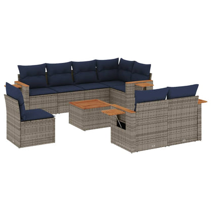 9-delige Loungeset met kussens poly rattan grijs