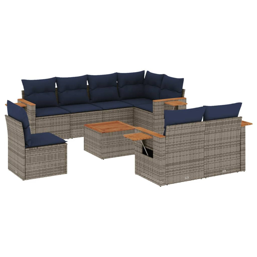 9-delige Loungeset met kussens poly rattan grijs