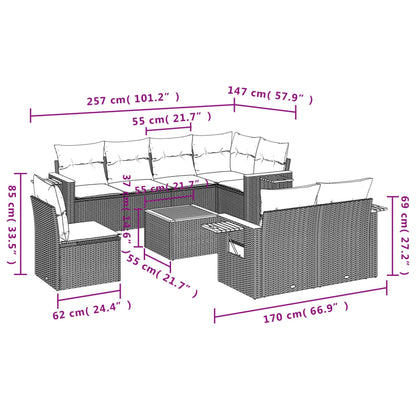 9-delige Loungeset met kussens poly rattan grijs