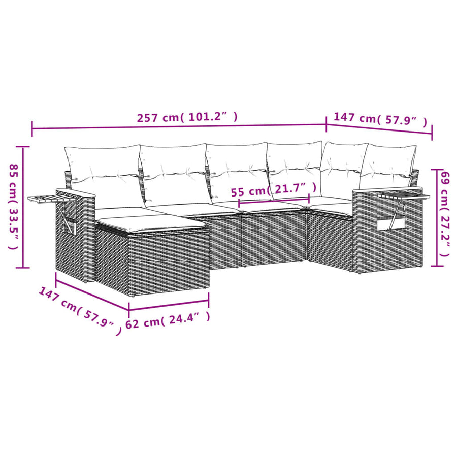 6-delige Loungeset met kussens poly rattan beige