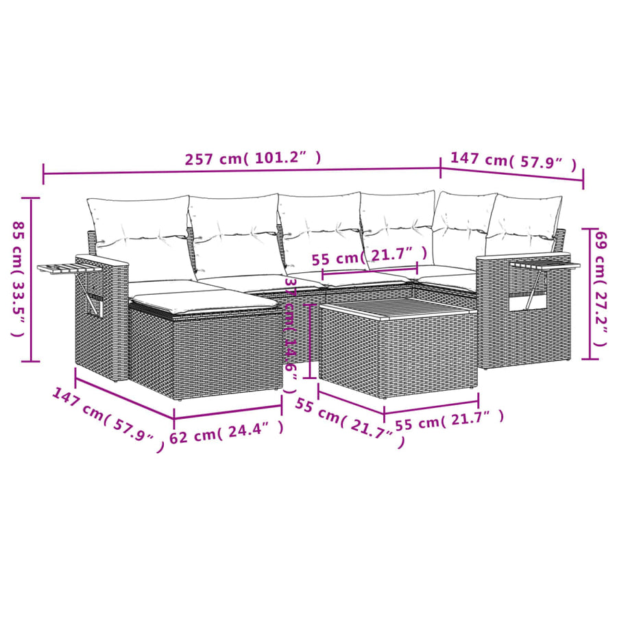 7-Delige Loungeset Met Kussens Poly Rattan Beige