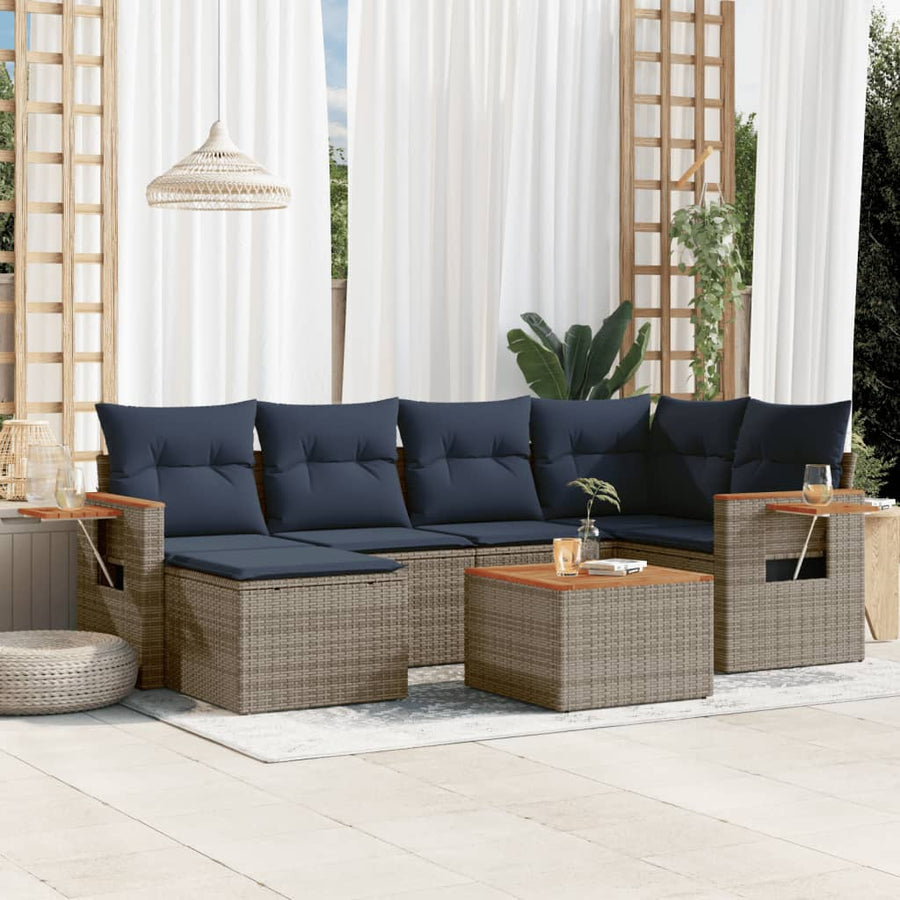7-delige Loungeset met kussens poly rattan grijs