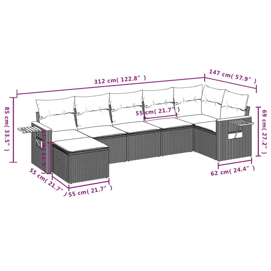 7-Delige Loungeset Met Kussens Poly Rattan Grijs