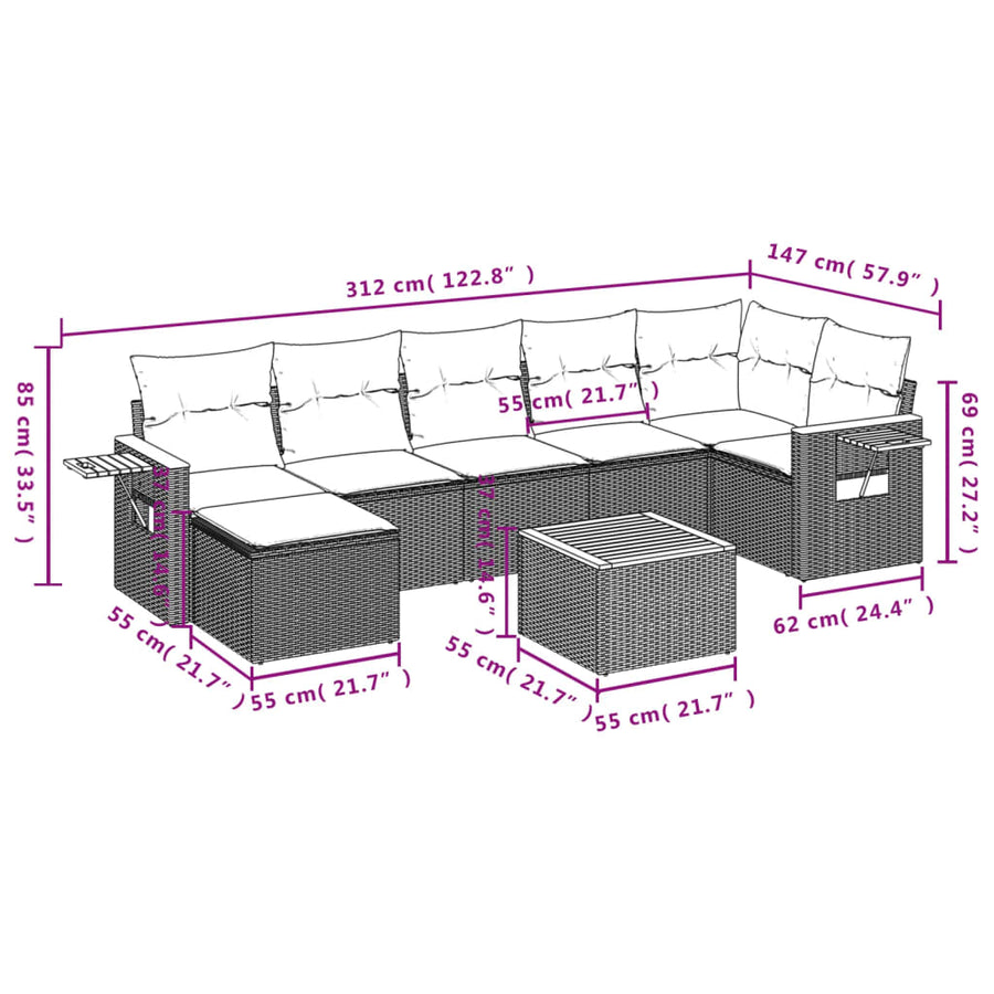 8-delige Loungeset met kussens poly rattan grijs
