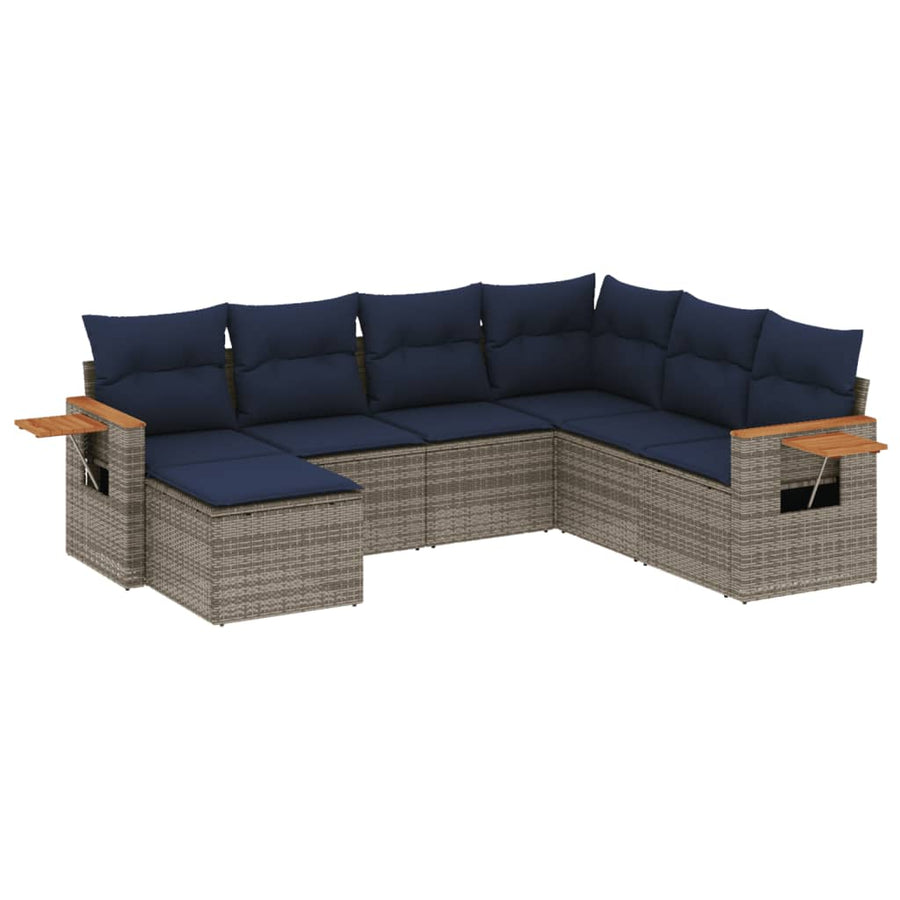 7-delige Loungeset met kussens poly rattan grijs