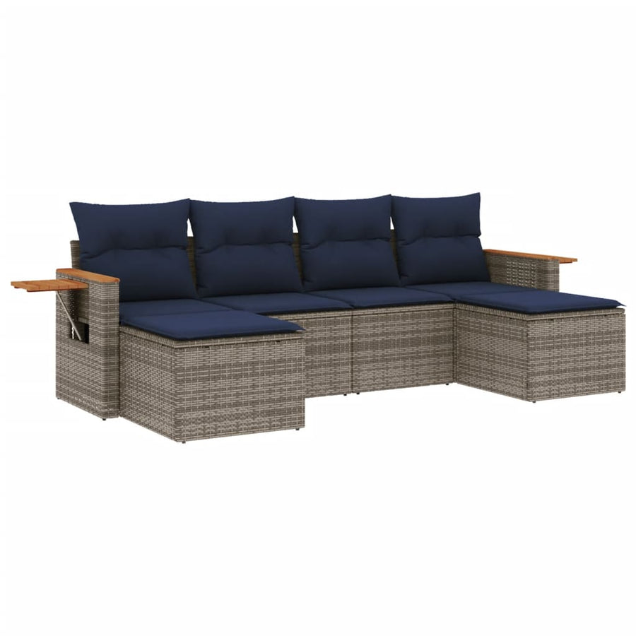 6-delige Loungeset met kussens poly rattan grijs