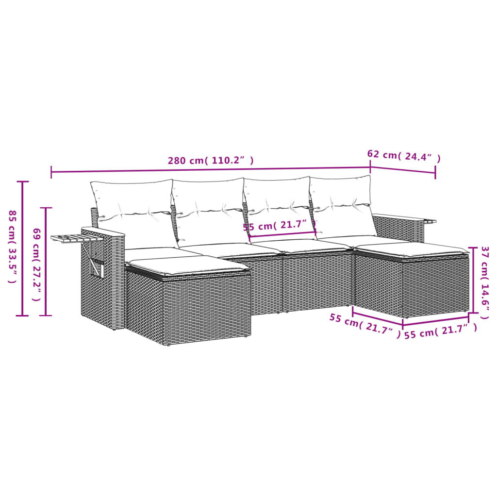 6-delige Loungeset met kussens poly rattan grijs