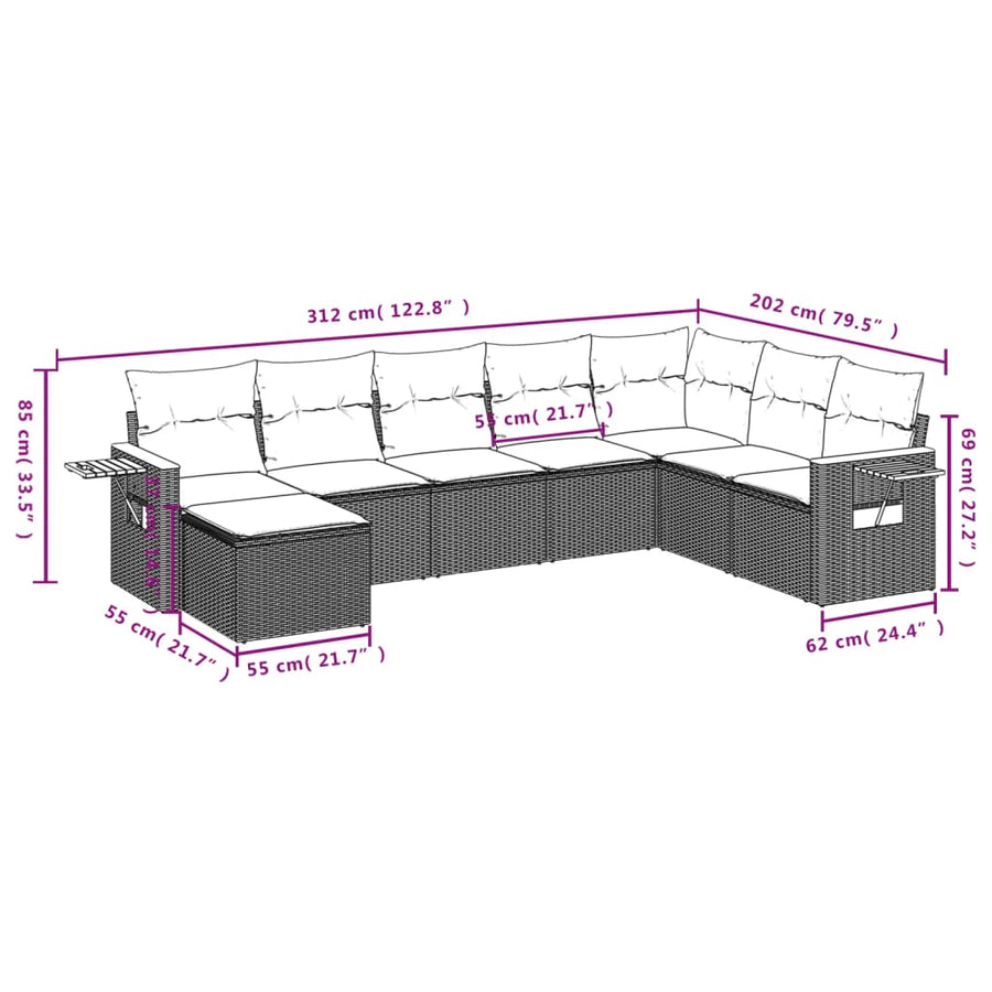 8-delige Loungeset met kussens poly rattan grijs