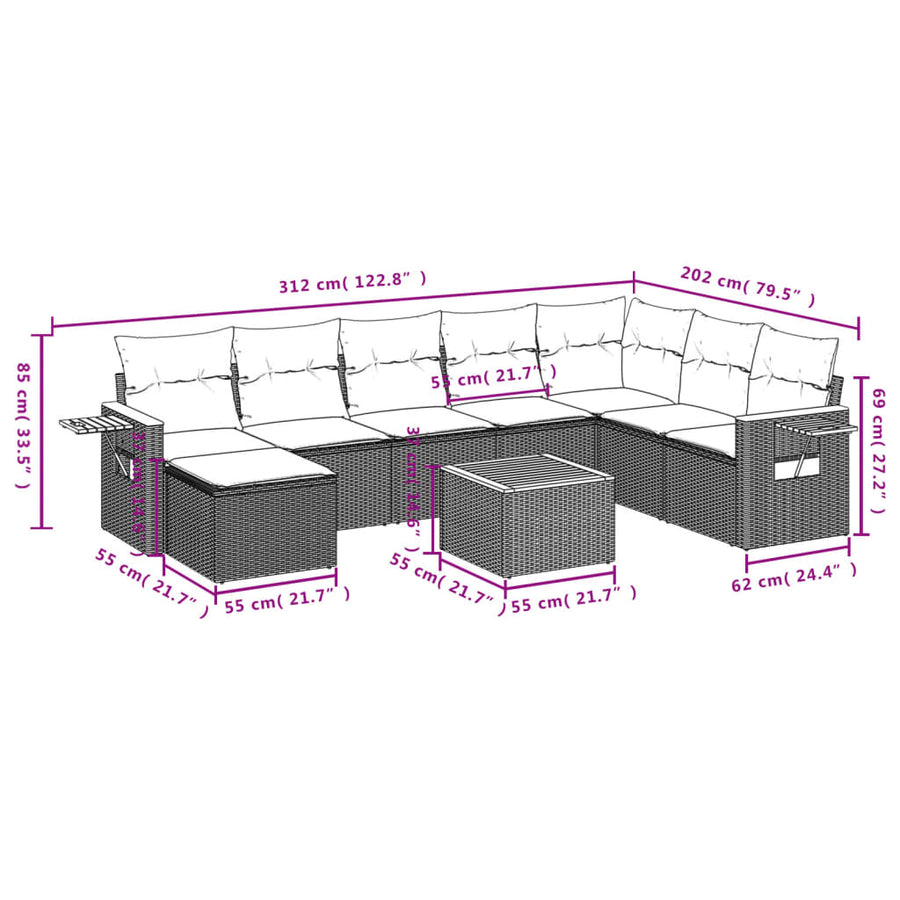 9-Delige Loungeset Met Kussens Poly Rattan Beige
