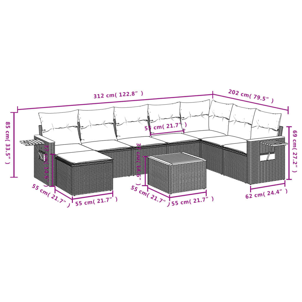 9-Delige Loungeset Met Kussens Poly Rattan Beige