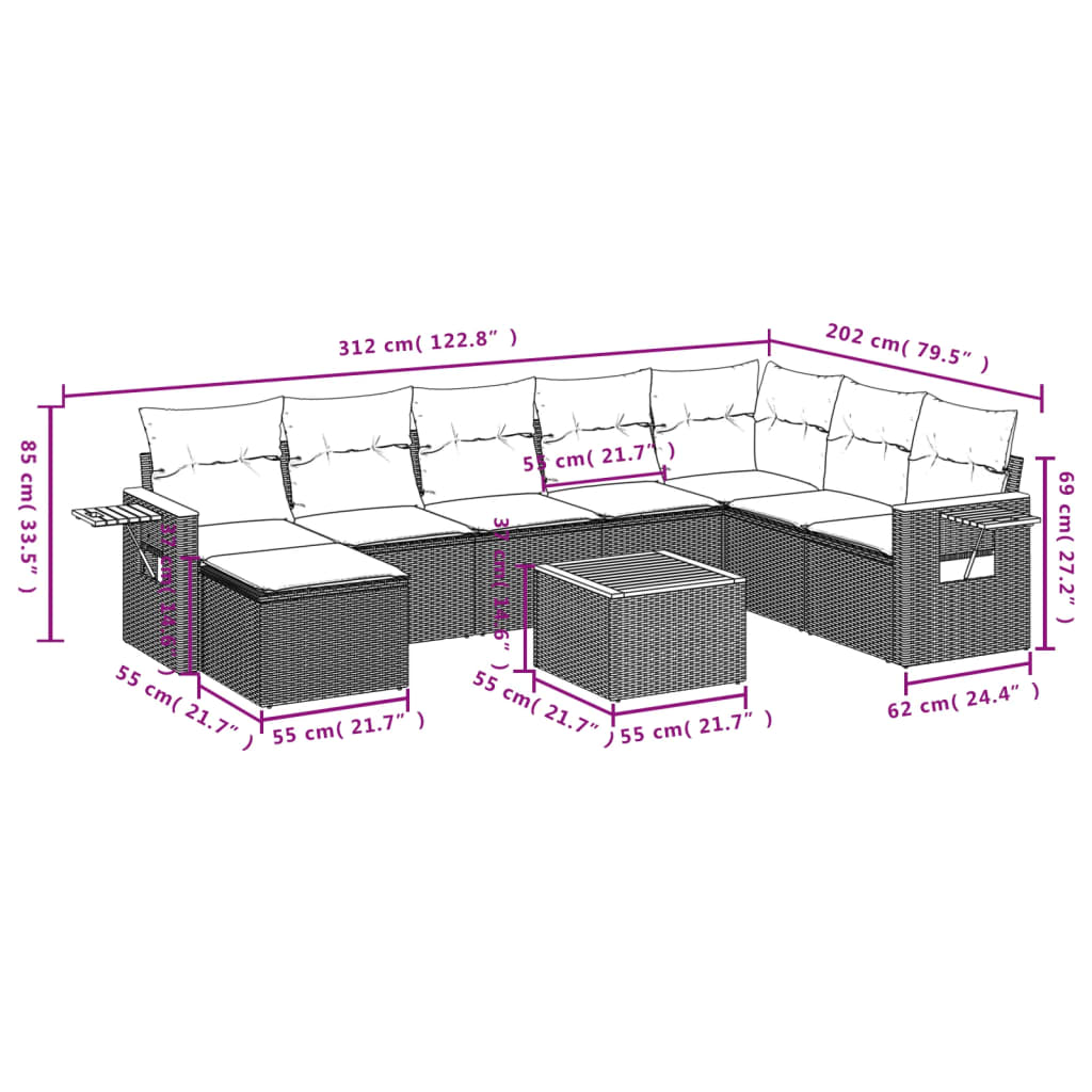 9-delige Loungeset met kussens poly rattan grijs