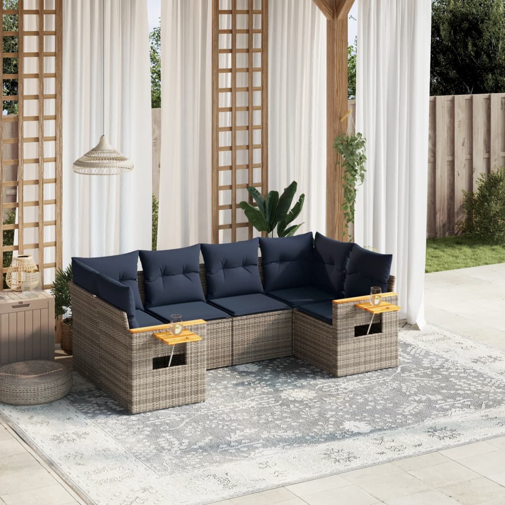 6-delige Loungeset met kussens poly rattan grijs