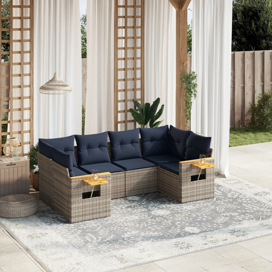6-delige Loungeset met kussens poly rattan grijs