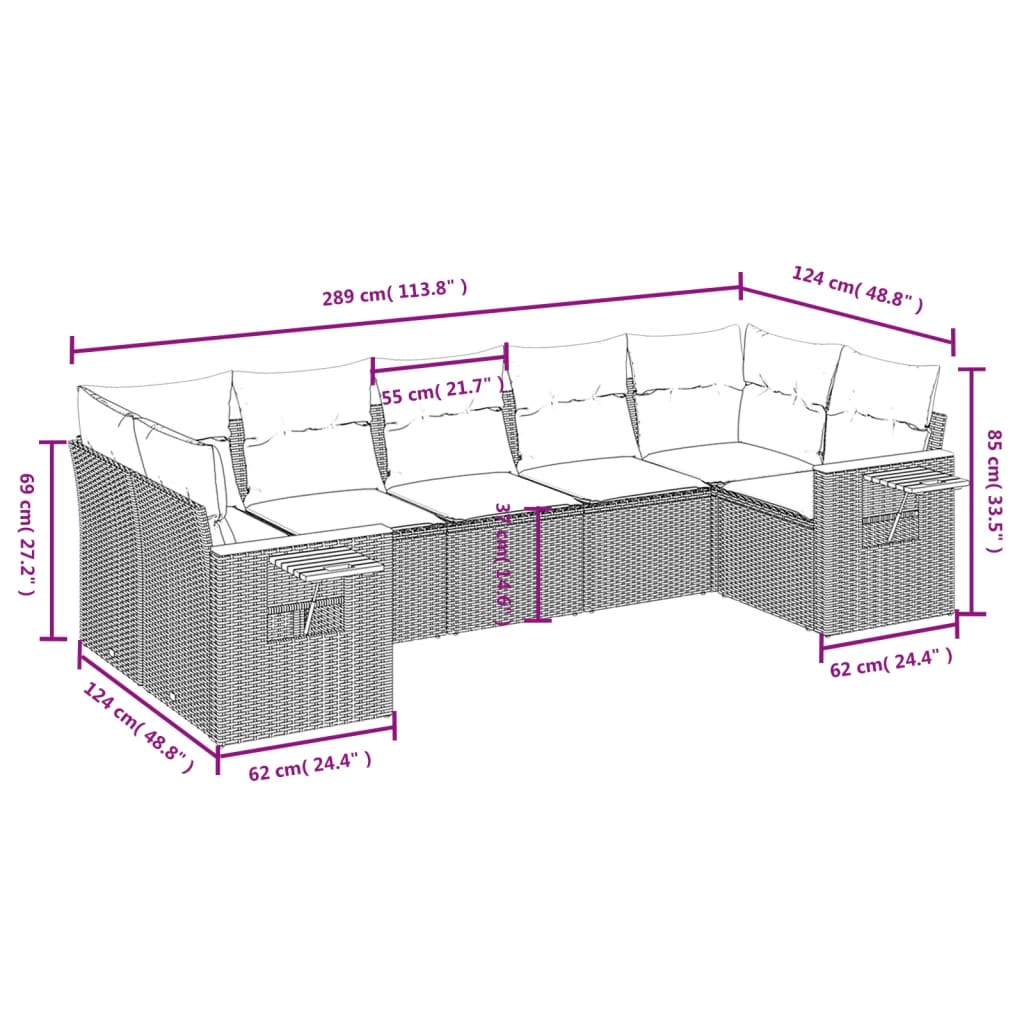 7-Delige Loungeset Met Kussens Poly Rattan Grijs