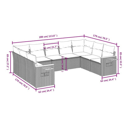 9-delige Loungeset met kussens poly rattan grijs