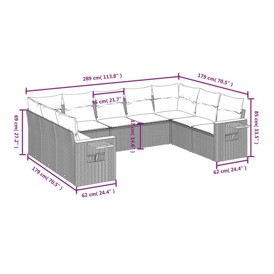 9-delige Loungeset met kussens poly rattan grijs