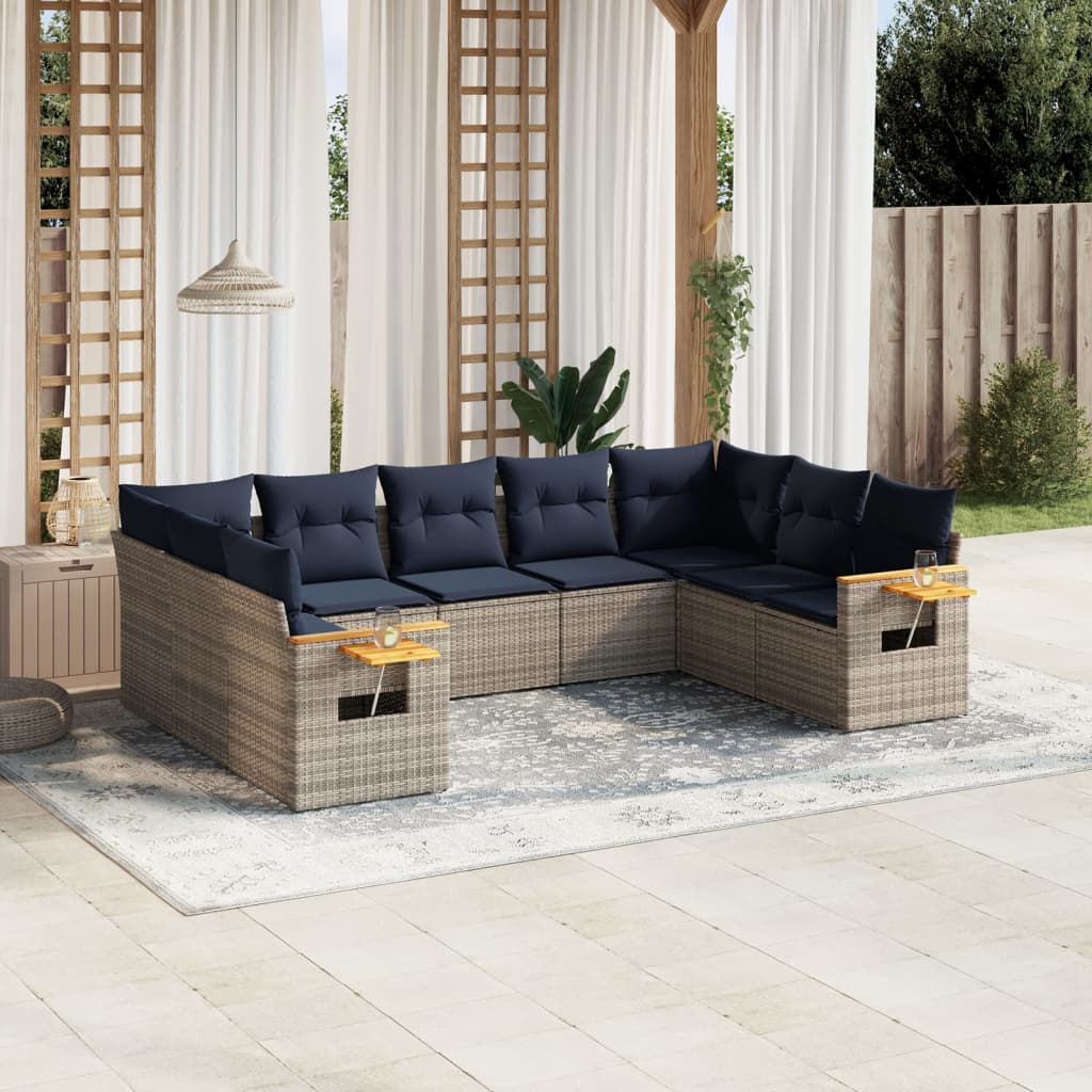 9-delige Loungeset met kussens poly rattan grijs