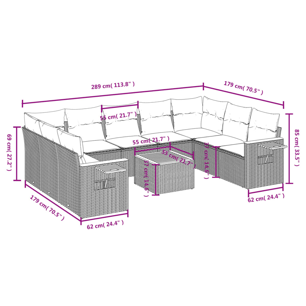 10-Delige Loungeset Met Kussens Poly Rattan Beige